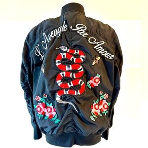 NWT L’Aveugle Par Amour Black Bomber Jacket with Snake & Rose Embroidered design